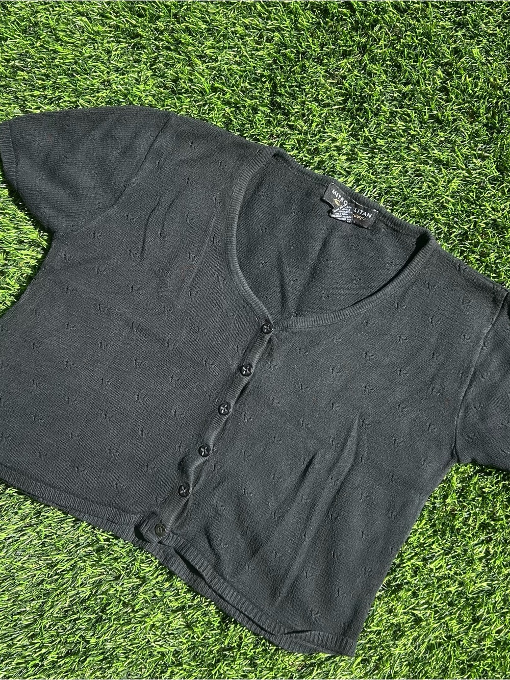 Black Short-Sleeve Button Crop Top